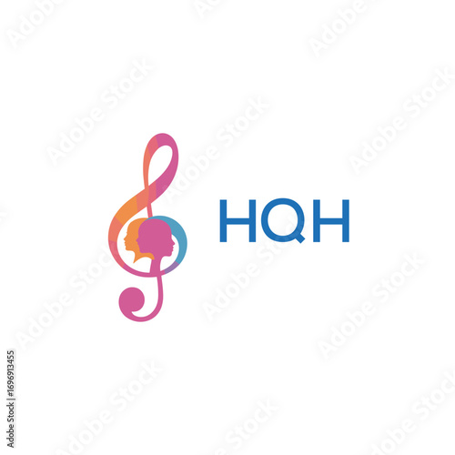 HQH “Colorful music logo with human faces and treble clef design” HQH Later Logo, “Creative music academy logo with silhouette heads and notes” 
