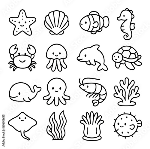 Marine life linear icons set. featuring starfish, shell, fish, seahorse, crab, jellyfish, dolphin, and turtle.