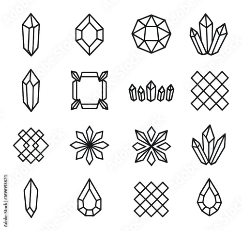 Gemstones linear icon set. featuring crystals, diamonds, gems, quartz, minerals, and jewels symbols