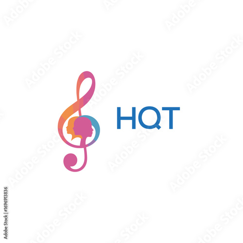 HQT “Colorful music logo with human faces and treble clef design” HQT Later Logo, “Creative music academy logo with silhouette heads and notes” 
