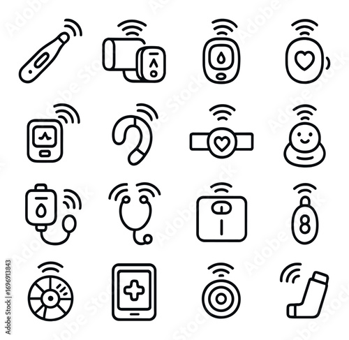 Medical devices linear icon set. featuring thermometer, blood pressure monitor, glucose meter, heartbeat tracker