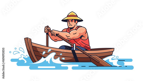 Rowboat Navigator: A strong navigator, adorned in a hat, navigates the waters with oars, capturing the spirit of a man focused on a rowing pursuit.