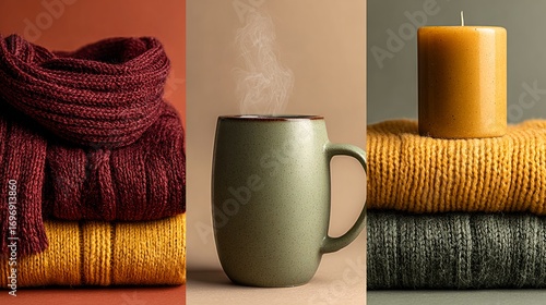 Textured Woolen Yarn Cylinders Arranged for Winter Wellness – Tactile Composition Embracing Sustainable Craft in Cozy Digital Aesthetics