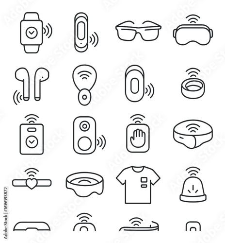 Smart devices linear icon set. featuring watch, earbuds, speaker, vr headset, doorbell, and thermostat symbols