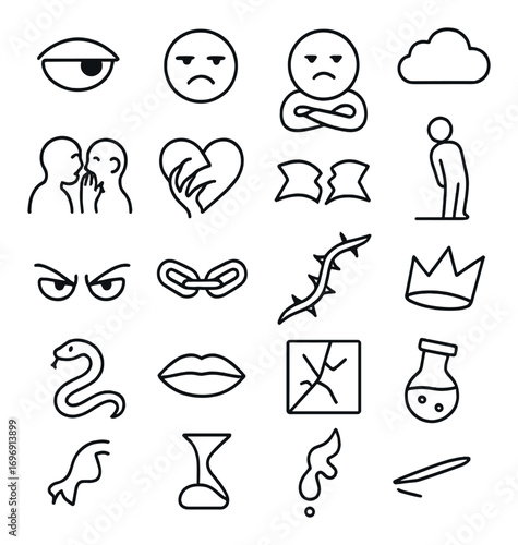 Emotions and status linear icon set. featuring eye, sadness, anger, cloud, betrayal, heart, chain, thorn, crown, snake