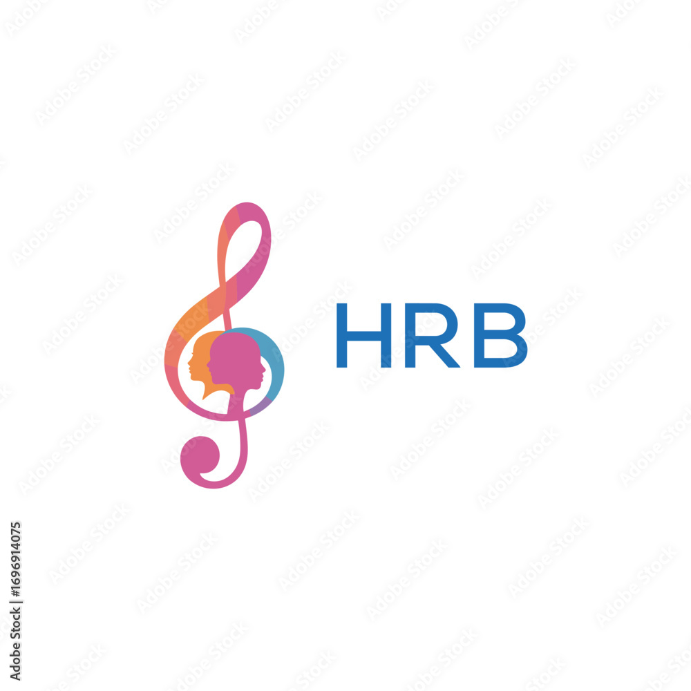 Naklejka premium HRB “Colorful music logo with human faces and treble clef design” HRB Later Logo, “Creative music academy logo with silhouette heads and notes” 