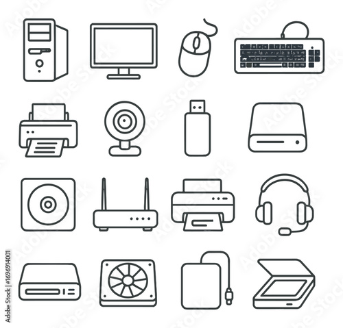Office equipment linear icon set. featuring computer, monitor, mouse, keyboard, printer, webcam, usb, and scanner