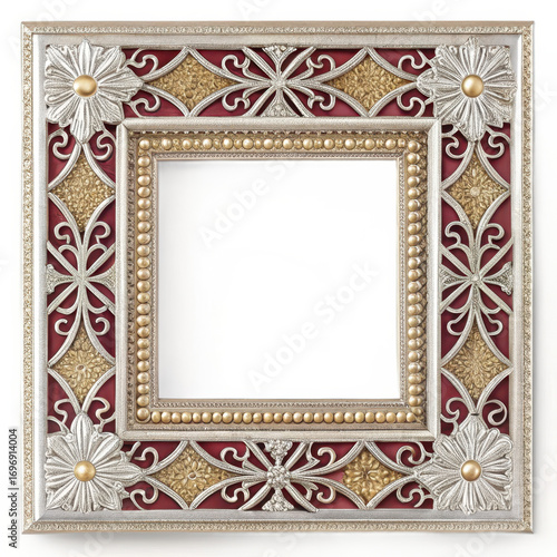 Intricate square ornate frame with decorative pattern and beaded border transparent background