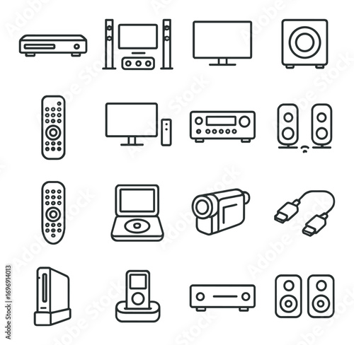 Home electronics linear icon set. featuring tv, speakers, remote, computer, projector, and headphones symbols