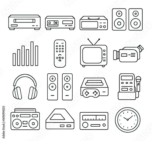 Home electronics linear icon set. featuring cd player, dvd player, radio, speakers, headphones, tv, and clock symbols