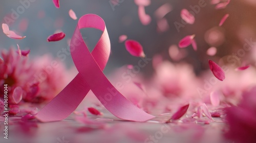 A prominent pink ribbon, a symbol of breast cancer awareness, is centered in the foreground. It is surrounded by a soft focus of pink petals and flowers, with some petals gently.