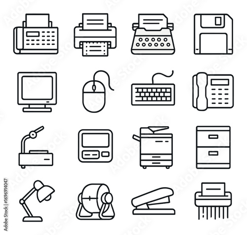 Office equipment linear icon set. featuring typewriter, printer, monitor, mouse, keyboard, and telephone symbols