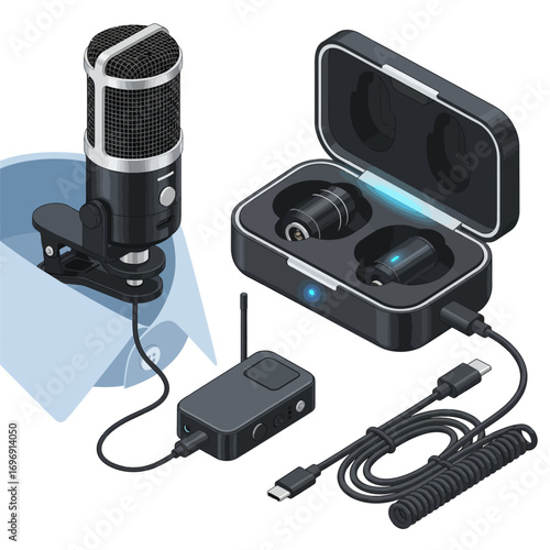 Isometric clip-on condenser mic vector illustration with a microphone and wireless receiver set for professional sound recording