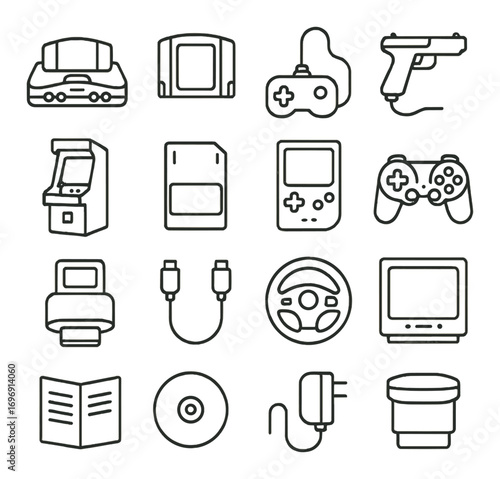 Retro gaming linear icon set. featuring console, cartridge, controller, gun, arcade, floppy, handheld, gamepad, printer, joystick