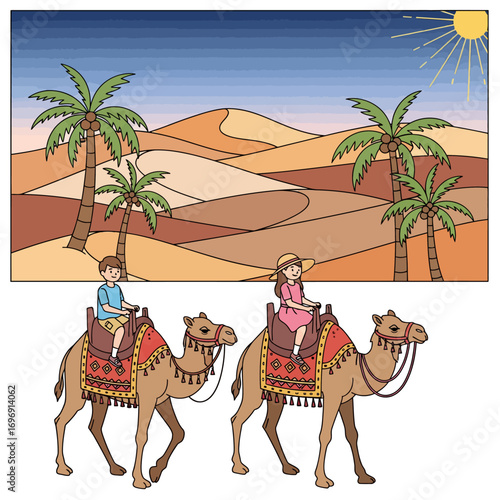 Children camel ride illustration of a boy and girl enjoying a desert tour with palm trees and sand dunes