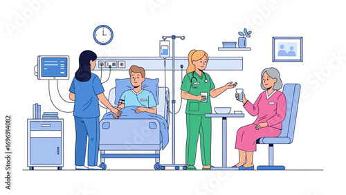 Hospital Care Illustration: A patient receives attentive care from dedicated nurses and support from a visiting family member in a sterile medical environment.