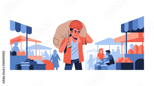 Market Vendor: A determined vendor carries a heavy sack, navigating the bustling marketplace, showcasing dedication and perseverance.
