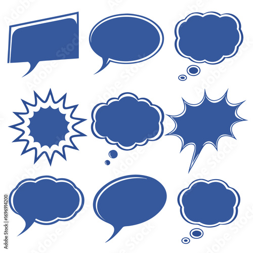Dynamic collection of blue comic speech bubbles ideal for adding creative flair to your designs and capturing attention with modern communication themes