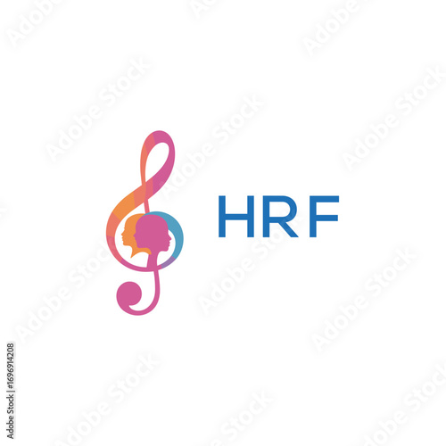 HRF “Colorful music logo with human faces and treble clef design” HRF Later Logo, “Creative music academy logo with silhouette heads and notes” 
