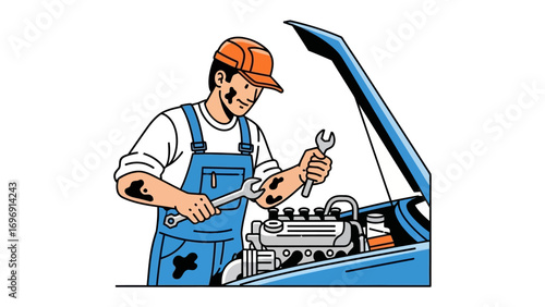Mechanic's Precision: A dedicated mechanic, focused and skilled, works diligently on an automobile engine, illustrating the essence of vehicle maintenance.
