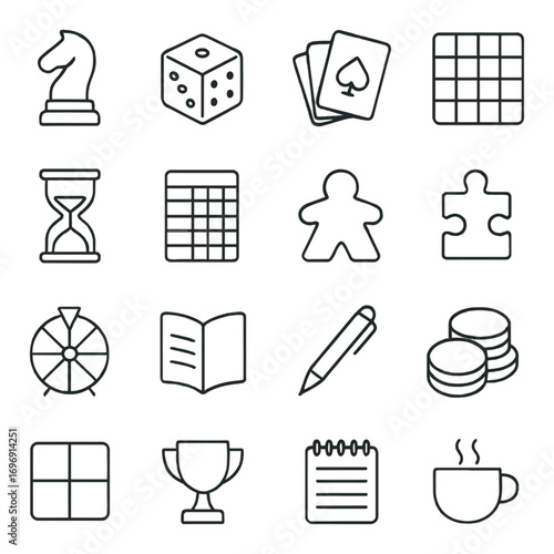 Games and leisure linear icon set. featuring chess, dice, cards, puzzle, hourglass, board, token, cup, and pencil symbols