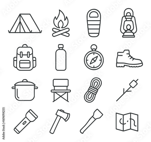 Camping equipment linear icon set. featuring tent, campfire, sleeping bag, lantern, backpack, and compass symbols