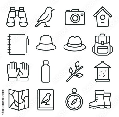 Birdwatching linear icon set. featuring binoculars, bird, camera, birdhouse, notebook, hat, and backpack symbols