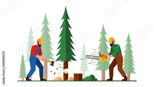 Lumberjacks and Trees: Two skilled lumberjacks are hard at work, felling towering trees in a vibrant display of human industry. Showcasing nature and the essence of forestry.