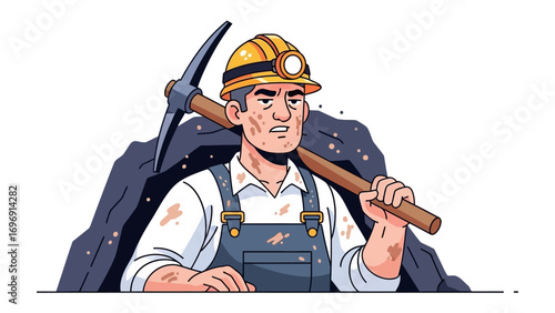 Miner and His Pickaxe: A determined miner, wearing a safety helmet and carrying a pickaxe, emerges from the dark depths of the mine, a symbol of hard work and perseverance.