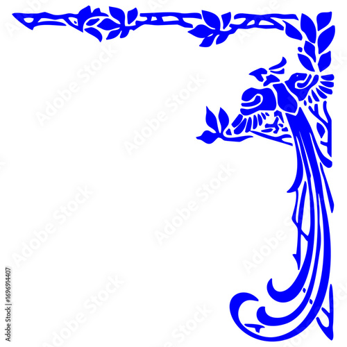 Ornate blue phoenix corner design vector illustration for decorative frames, page borders, and graphic resources