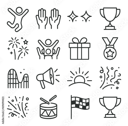 Celebration linear icon set. featuring jump, applause, sparkle, trophy, fireworks, gift, medal, megaphone, sun, confetti