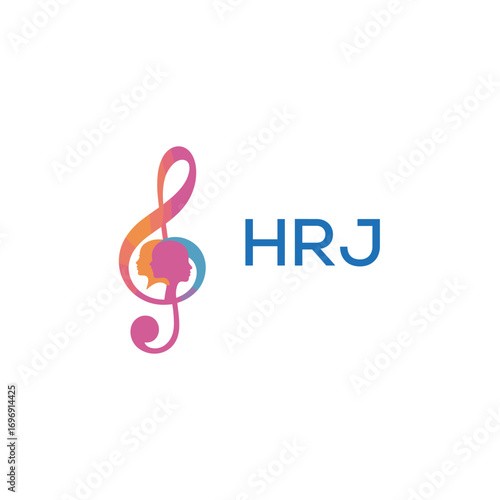 HRJ “Colorful music logo with human faces and treble clef design” HRJ Later Logo, “Creative music academy logo with silhouette heads and notes” 
