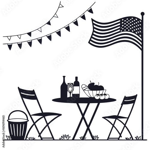 Outdoor Gathering With American Flag Table Chairs And Drinks celebration party