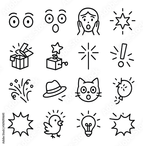 Surprise reaction linear icon set. featuring eyes, shock, fear, star, box, fireworks, hat, cat, balloon, lightbulb