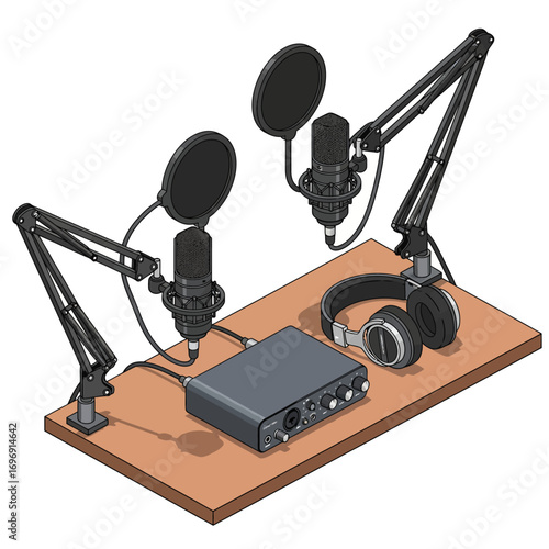Professional dual microphone setup vector, a perfect illustration for podcasting and music recording