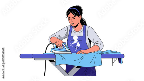 Ironing Day: A focused individual in an apron diligently smooths out fabric, the iron gliding effortlessly on the ironing board, showcasing a moment of domestic care and order.