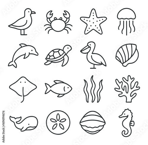 Marine life linear icon set. featuring seagull, crab, starfish, jellyfish, dolphin, turtle, pelican, shell, and coral symbols