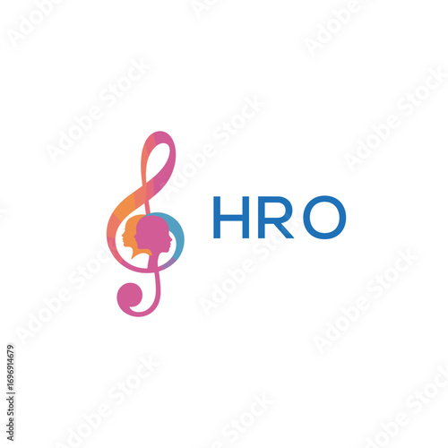 HRO “Colorful music logo with human faces and treble clef design” HRO Later Logo, “Creative music academy logo with silhouette heads and notes” 
