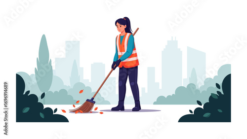 Urban Protector: A dedicated sanitation worker diligently sweeps a city street, embodying community care and cleanliness. A vibrant portrayal of a person working hard to keep their city beautiful.