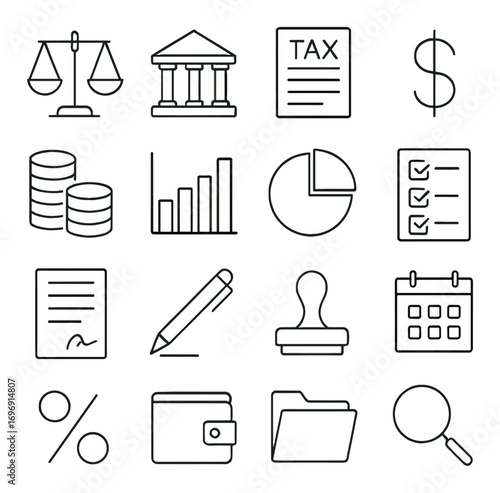 Finance and office linear icon set. featuring scales, building, tax, currency, coins, graph, pie chart, checklist