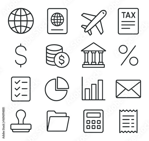 Finance and business linear icons set. featuring globe, passport, airplane, tax, currency, bank, and calculator symbols.