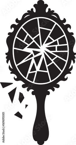 Ornate broken hand mirror with scattered fragments shattered