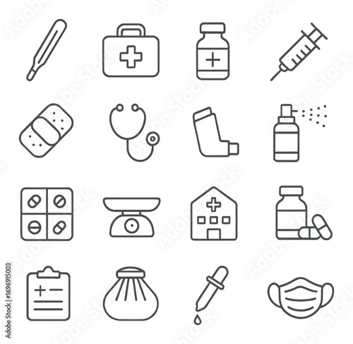 Healthcare linear icon set. featuring thermometer, first aid kit, syringe, stethoscope, inhaler, mask, and pill bottle