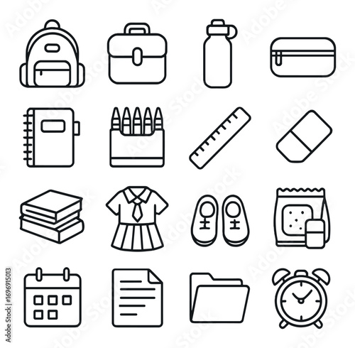 School essentials linear icon set. featuring backpack, lunchbox, notebook, pencil, uniform, shoes, calendar, alarm clock