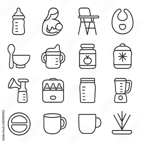 Baby essentials linear icons set. featuring bottle, nursing, high chair, bib, bowl, sippy cup, jar, pacifier