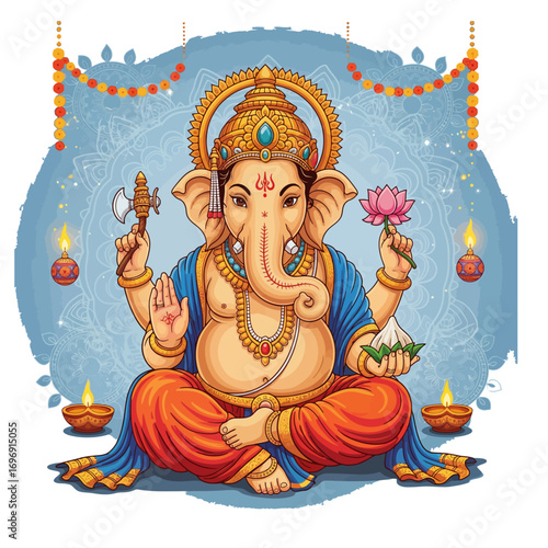 Detailed Illustration of Hindu God Ganesha with Lotus Flower and Diya - Ganesh Chaturthi