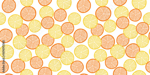 Set of citrus slices. Pattern seamless fruits, orange, lemon. Ingredient for juice, healthy vitamin drink. Vector flat color illustration on white isolated background.