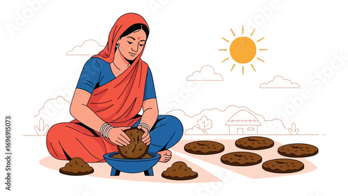 Woman Making Chapati: A woman in a red sari skillfully prepares chapati, a traditional flatbread, outdoors under the warm sun.