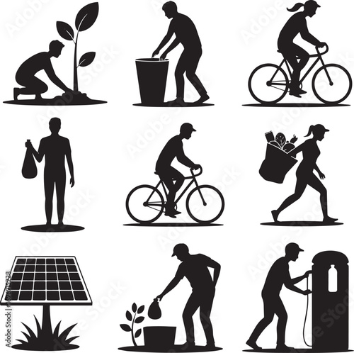 People engaging in eco friendly activities planting cycling recycling and using solar power vector