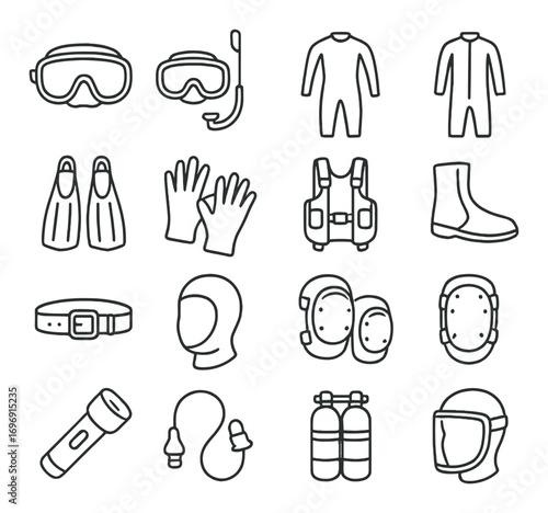 Diving gear linear icon set. featuring goggles, snorkel, wetsuit, fins, gloves, bcd, boots, and more